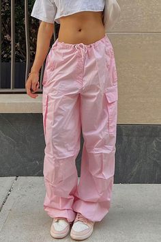 Solid Color High Waist Cargo Pants – AROLORA Pink Street, Drawstring Waist Pants, Women Cargo Pants, Wide Leg Sweatpants