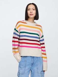 CashSoft Relaxed Crewneck Sweater Crew Neck Top With Striped Cuffs For Winter, Winter Long Sleeve Sweater With Striped Cuffs, Crew Neck Knit Sweater With Striped Cuffs, Knit Tops With Striped Cuffs For Winter, Winter Knit Tops With Striped Cuffs, Casual Tops With Striped Cuffs For Fall, Multicolor Knit Tops With Ribbed Cuffs, Multicolor Cotton Sweater With Ribbed Cuffs, Striped Crew Neck Sweater For Spring