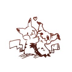 a drawing of two pikachu hugging each other on a white background with hearts