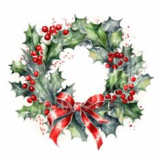 a watercolor christmas wreath with holly and red berries