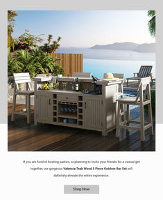 an advertisement for a patio furniture set with chairs and tables on the deck overlooking water