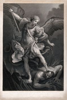 Saint Michael the Archangel. Engraving by G. Folo after B. Nocchi after G. Reni. | Wellcome Collection Saint Michael Statue, Saint Michael Angel, Human Torso, Angel Statues Sculpture, Biblical Tattoos, Saint Michael The Archangel