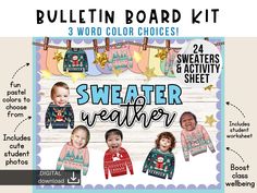 the bulletin board kit includes three sweaters and an activity sheet