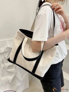 Bird in Bag - Korean Style Simple Casual Canvas Tote Bag - Large Capacity Le Sserafim White, Fashion Chingu, Chunky Chain Necklaces, Bird In Bag, Shoulder Tote Bag, White Canvas, Black Pattern, Shoulder Tote, Canvas Tote Bag