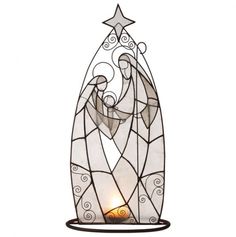 a stained glass candle holder with an angel holding a star on it's side