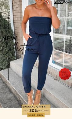 Cotton Solid Strapless Drawstring Pocket Jumpsuit Trendy Strapless Jumpsuit With Pockets For Summer, Summer Strapless Jumpsuit With Pockets, Casual Blue Strapless Jumpsuit, Casual Stretch Jumpsuits And Rompers For Day Out, Casual Strapless Jumpsuit With Pockets For Summer, Casual Strapless Jumpsuit For Summer Day Out, Casual Strapless Jumpsuit For Spring Loungewear, Casual Strapless Jumpsuit For Day Out, Solid Summer Jumpsuits And Rompers With Drawstring