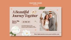 a beautiful wedding announcement with a photo and flowers on the front, along with an image of a bride and groom