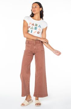 Vintage-inspired style abounds in these high-waist, wide-legs jeans made from russet-hued denim with a hint of stretch. 30 1/2" inseam; 23" leg opening; 11" front rise; 14 1/2" back rise (size 29) Zip fly with button closure Front patch pockets; back patch pockets 99% cotton, 1% elastane Machine wash, tumble dry Imported Colorful Jeans, High Waist Wide Leg Jeans, Fabric Gift Bags, Back Patch, Wide Legs, Nordstrom Store, Fabric Gifts, Free Fabric, Baby Baby