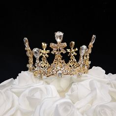 "The size for this beautiful medium crown Bottom diameter is about 3.75\"   The open Top diameter is about 4.3\"  and the Height is 2.4\".  The weight for the crown is about 3.7 oz.  This crown good for Flower Girls, Birthday, Doll crown, crown for Statues or Cake Topper as well.  We have Gold crown with Clear rhinestones, Rose Gold crown with Clear rhinestones, and Silver crown with Clear rhinestones.   This crown made out of Metal Zinc Alloy." Princess Crown Cake, Doll Crown, Crown Cake Topper, Single Diamond Ring, Rhinestone Cake Topper, Rose Gold Crown, Monogram Cake Toppers, 40 & Fabulous, Crown Cake