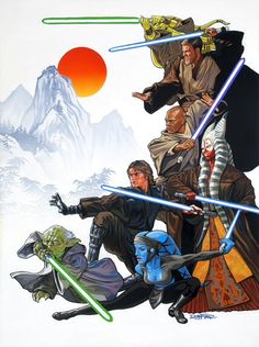 star wars characters collaged together in front of a mountain scene with mountains and sun behind them