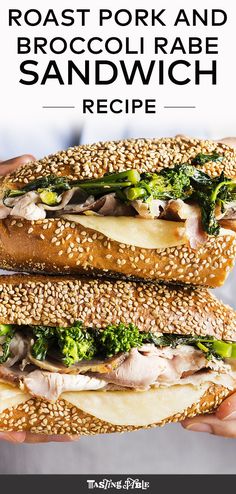 two sandwiches stacked on top of each other with the title roast pork and broccoli rabe sandwich recipe