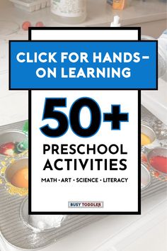 an image of a child's hands on learning 50 + preschool activities