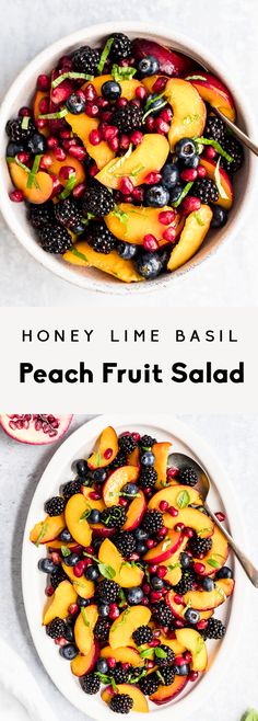 two bowls filled with fresh fruit salad on top of a table