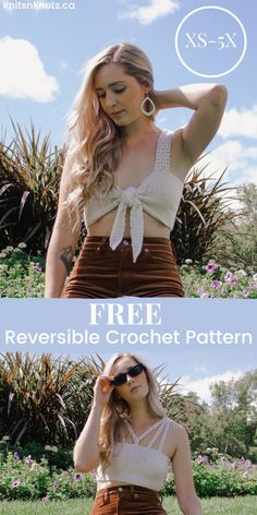 a woman wearing brown shorts and a white top with the words free reversible crochet pattern