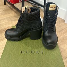 Black Canvas Platform High Block Ankle Boot Comes With Box Dust Bags, Replacement Laces. Worn 2x Gucci Designer Ankle Boots, Gucci Luxury Ankle Boots, Designer Gucci Ankle Boots, Gucci Luxury Boots, Chic Black Gucci Boots, Gucci Black Boots With Reinforced Heel, Designer Black Boots With Lug Sole, Gucci Black Round Toe Boots, Gucci Black Ankle Boots