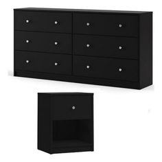 two black dressers with white knobs and one has a shelf for the drawers