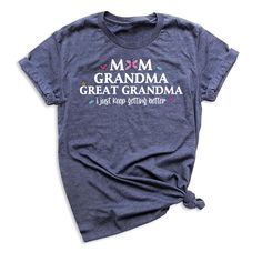 👩👵👵‍🦳 Celebrate three generations with our Mom Grandma Great Grandma Tee! For different Mother's Day t-shirt designs, please take a look at our Mother's Day collection. https://www.greatwoodboutique.com/collections/mothers-day-tee-shirts Grandma Is My Favorite Shirts, Mother's Day Cotton T-shirt, Pink Cotton T-shirt For Mother's Day, Mother's Day Floral Print Relaxed Fit T-shirt, Mother's Day Cotton Graphic Tee T-shirt, Mothers Day T Shirts, Mom And Grandma, Neck Shirt, Unisex Shirt