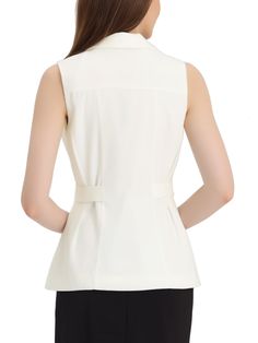 Spring Office Sleeveless Vest, Cheap White Halter Vest Top, Elegant White Sleeveless Outerwear, Elegant Sleeveless Vest With Button Closure, Affordable White Vest With Button Closure, Elegant Sleeveless Pleated Top, Fitted Pleated Sleeveless Top, Fitted Sleeveless Pleated Top, White V-neck Vest With Pockets