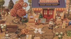 there is a painting of a store with many items on the ground in front of it