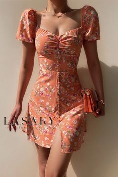 Lasaky - Chic Floral Mini Dress with Stylish Bubble Sleeves and V-Neck Design, adorned with Button Accents Short A Line Dress, Buttoned Dress, Printed Summer Dresses, Ribbed Dress, England Fashion, Bubble Sleeve, Boho Floral Dress, Mini Dress Casual, Puffed Sleeves Dress