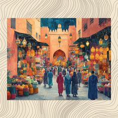 a painting of people walking through an outdoor market with lanterns hanging from the ceiling above them