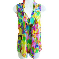 Silk Vibrant Colorful Sleeveless Blouse. Attached Scarf Tie. Zipper Side. Silver Snap Loops For Creative Tying. Bra Stays. Dry Clean. Tagged Size L. Brand: Per Se By Carlisle Bust: 21"X2 Flat Across Underarms Shoulder: 13" Waist: 21" Length: 25" Condition: Preowned. Great Condition. No Stains/Holes/Rips/Snags. Ebin Thrl.Etse 2.9oz P1270701posh Geminitiger7lux 90s Y2k Luxurious Fairy Bold Classy Designer William Rondina Summer Statement Gift For Her Couture Watercolors Romantic Quality Brand New Scarf Tie, Scarf Tying, Carlisle, Silk Top, Sleeveless Blouse, Blue Yellow, Top Blouse, Dry Clean, Womens Tops