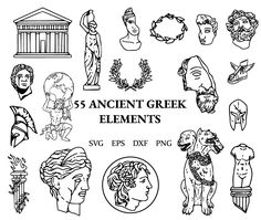 the ancient greek symbols are shown in this black and white drawing set, which includes an image