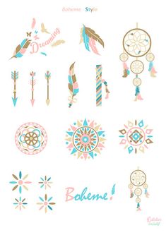 an assortment of different designs and colors on a white background with the words dream catcher written in