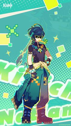 an anime character standing in front of a blue and green background with the words neon nights written on it