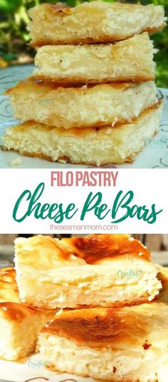 three different types of cheese pies stacked on top of each other with text overlay