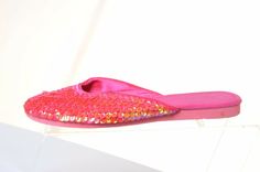 Could be used for Formal.  Comfortable flats.  Measurements show it would fit 5.5 to 6.5. Pink Party Slippers For Spring, Pink Slip-on Mules For Evening, Pink Evening Slip-on Mules, Pink Closed Toe Flats For Evening, Pink Closed Toe Evening Flats, Pink Closed Toe Mules For Evening, Flat Slip-ons For Party, Pink Slip-on Sandals For Evening, Evening Pink Round Toe Flats