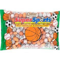 a bag of orange and white candy with sports balls in it's wrapper