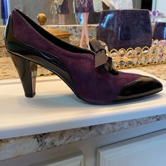 Nwt Liz Claiborne Purple Suede W/ Black Patent Tie Closed Toe Heels 8 3” Heels Brand New Never Worn Pet And Smoke Free Home Purple High Heels For Formal Occasions, Purple Heels With Padded Heel And Fitted Design, Purple Round Toe Heels For Fall, Fitted Purple Heels For Formal Occasions, Fitted Purple Heels With Padded Heel, Chic Purple Heels For Formal Occasions, Chic Purple Heels For Formal Events, Elegant Purple Heels For Office, Elegant Purple Heels For Formal Occasions