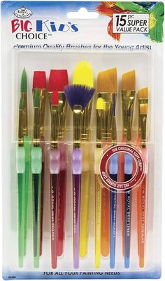 the 12 piece brush set is in its plastic package, with different colors and sizes