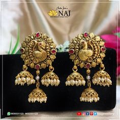 Big Earrings Gold, 22 Carat Gold Jewellery, Antique Gold Earrings, Choker Necklace Designs, Antique Gold Jewelry Indian, Bridal Jewellery Design, Online Gold Jewellery, Antique Jewellery Designs