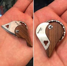 two pictures of a heart shaped knife in someone's hand