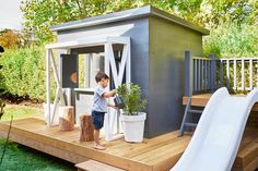 We teamed up with Nadia Bartel and Nicole Rosenberg of Liberty Interiors to create a dream cubby house in St Kilda Melbourne for Nadia's family. Using our Mini Zimi Cubby House we made a few changes and added a stunning hardwood decking and slide to make this a unique space. This cubby play space will be loved. Kids Cubby House, Tiny Home Designs, Cubby House Ideas, St Kilda Melbourne, Kids Cubby, Kid Friendly Backyard, Mud Kitchens