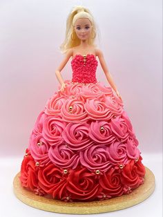 Piped buttercream pink barbie dress cream cake, pink ombre rosettes and gold ball accents on the skirt Barbie Cake Designs, Barbie Doll Cake, 4de Verjaardag, Doll Birthday Cake, Barbie Birthday Cake, Barbie Theme Party, Barbie Doll Cakes, Princess Birthday Cake