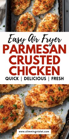 easy air fryer parmesan crusted chicken in a pan with text overlay