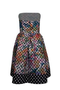 Unleash your playful side with this Corey Lynn Calter strapless dress featuring a whimsical blue and multi-color floral print with black polka dots. With convenient side pockets, this playful and flirty dress is perfect for any special event. Pair with black pointed-toe pumps and a clutch for a fun and stylish look. Size 6 Made in USA 100% Polyester Lined bodice Invisible zipper back Two side pockets Bust 34" Waist 28" Length 30" Polka Dot Dresses For Spring Party, Multicolor Print Evening Dresses For Spring, Strapless Polka Dot Summer Dress, Spring Evening Dresses In Multicolor Print, Spring Evening Dresses With Multicolor Print, Spring Evening Multicolor Print Dresses, Polka Dot Evening Dress For Spring, Multicolor Midi Strapless Dress For Spring, Multicolor Midi Strapless Dress For Summer