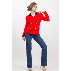 "Absolutely killer vintage 1970s Ralph Lauren red wool equestrian style riding blazer in cherry red wool. Exquisite red blazer with classic black velvet collar, double breasted with gold crested military style buttons 10 in total which can be buttoned on either the right or left side. Turn back cuffs on the sleeves and lined in bright red rayon satin. Double hip pockets, sewn in shoulder pads to the lining of the blazer, double flap hip pockets. Hand stitching details on the collar and lining. A Retro Double-breasted Winter Blazer, Winter Retro Double-breasted Blazer, Classic Red Double-breasted Blazer, Vintage Red Blazer With Buttons, Retro Red Formal Blazer, Red Retro Blazer For Formal Occasions, Vintage Red Outerwear For Office, Vintage Red Blazer For Workwear, Retro Red Winter Blazer