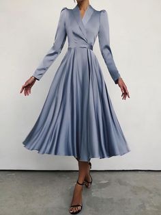 Composition: 100% polyester Color: Black, Blue Size: S,M,L,XL,XXL ( There might have 1-3cm deviation due to manual measurement.) Draped Midi Dresses, فستان سهرة, Necklines For Dresses, Blue Midi Dress, Formal Evening Dresses, Gray Dress, Winter Dresses, Fall Dresses, Swing Dress