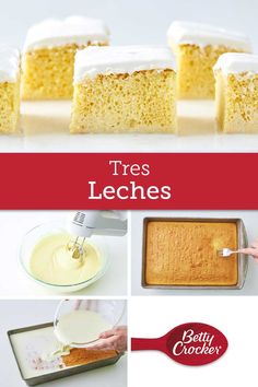 the recipe for tres leches is shown in four different pictures, including cake and frosting