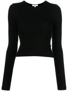 black stretch-cotton fine ribbed round neck long sleeves straight hem Fitted Black Long Sleeve Ribbed Top, Fitted Black Ribbed Long Sleeve Top, Fitted Black Long Sleeve Top With Ribbed Detail, Black Fine Knit Long Sleeve Crew Neck Top, Black Ribbed Long Sleeve Crew Neck Top, Fitted Fine Knit Long Sleeve Crew Neck Top, Fitted Fine Knit Black Long Sleeve Top, Fitted Black Fine Knit Long Sleeve Top, Fitted Black Long Sleeve Fine Knit Top