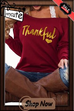 Burgundy Thankful Print Off Shoulder Long Sleeve Top Without Strap Holiday Crew Neck Tops For Fall, Graphic Print Tops For Fall Holiday Season, Graphic Print Tops For Fall Holiday, Graphic Print Tops For Holiday In Fall, Holiday Letter Print T-shirt For Fall, Casual Fall Holiday Tops, Casual Fall Holiday T-shirt, Casual T-shirt For Fall Holiday, Off Shoulder Long Sleeve Top