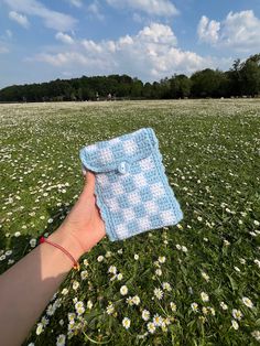 a hand holding a blue and white checkered cloth in a field full of daisies