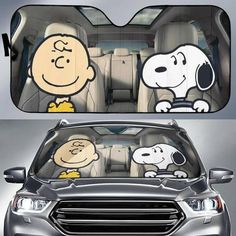 the front and back seats of a car with cartoon characters on them, as well as an image of a dog sitting in the driver's seat