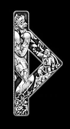 a black and white drawing of the letter k with an image of two people on it