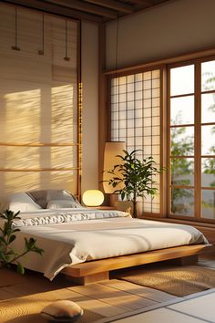 a bed sitting in a bedroom next to a window with bamboo blinds on the windowsill