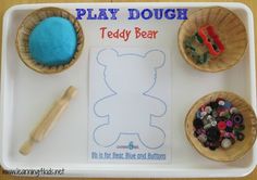 a play dough teddy bear and other crafting supplies on a tray with the words, play dough teddy bear